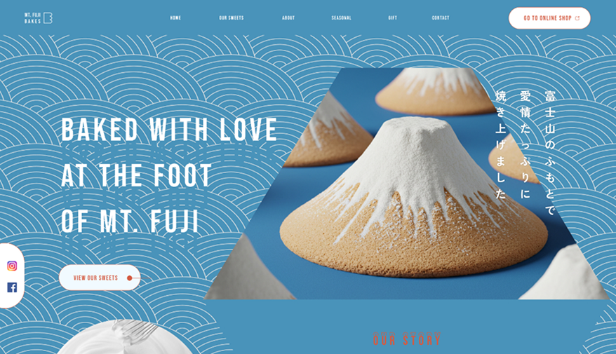 MT.FUJI BAKE。富士山型のお菓子と青い和柄を使ったWebサイト